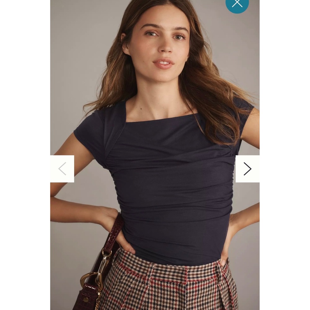 Reformation Addison Knit Navy Blue Ruched Cap Sleeve Square Neck Top Small